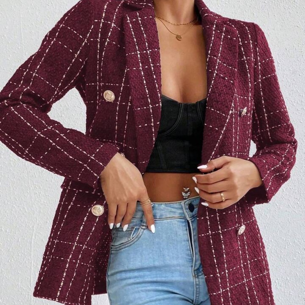SHEIN Burgundy Gold Plaid Blazer